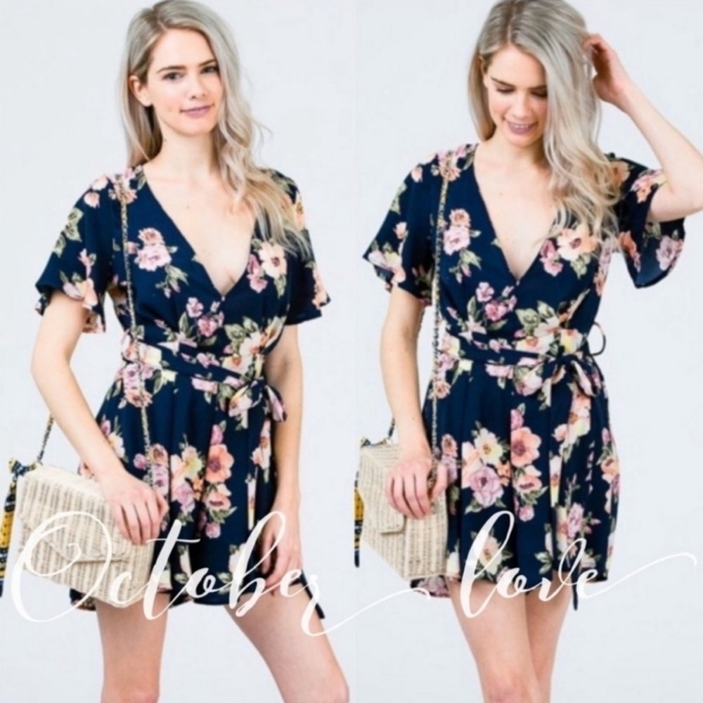 V Neck Navy and Pink Floral Rompers